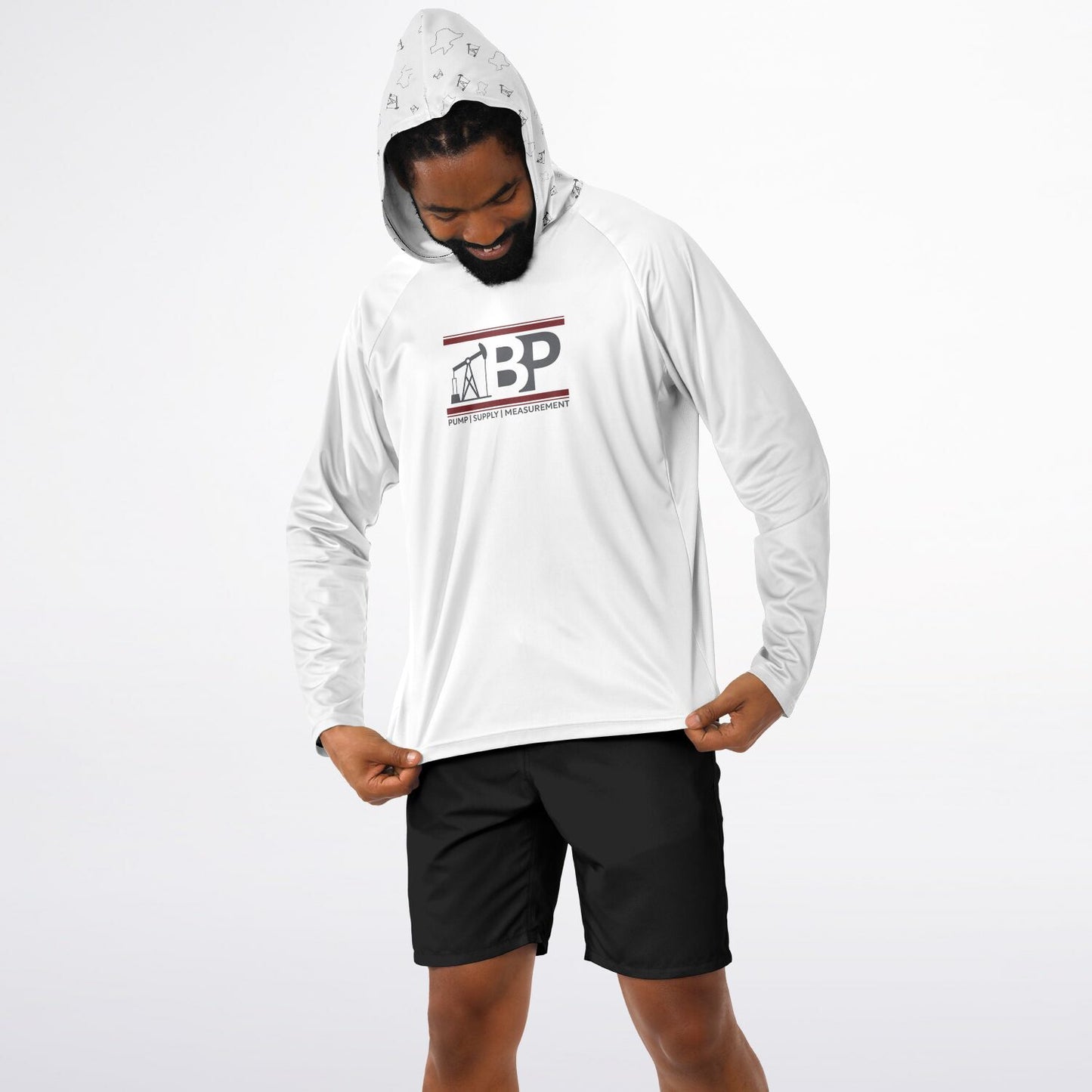 Men's Long Sleeve Hooded Performance Shirt - White w/ BP Logo