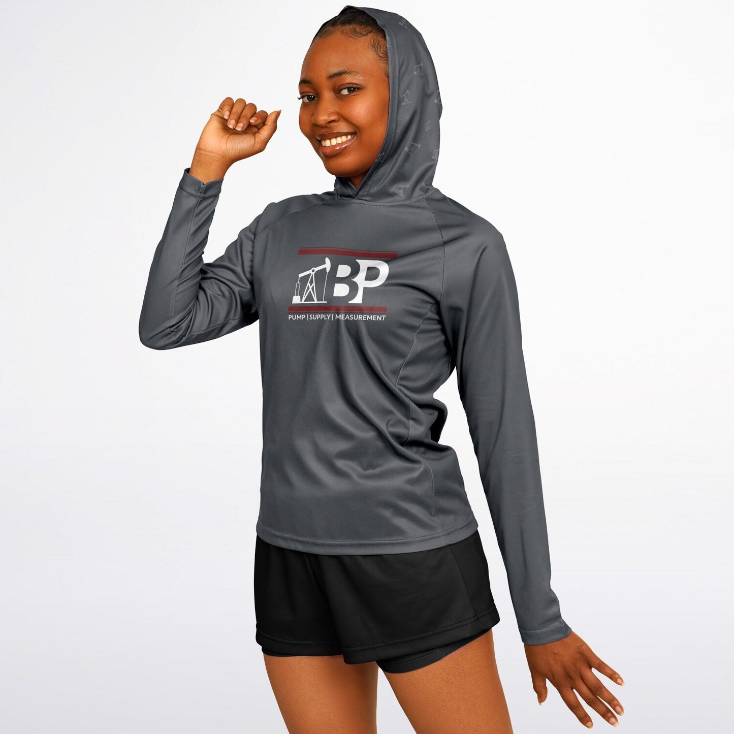 Women's Long Sleeve Hooded Performance Shirt - Gray w/ BP Logo