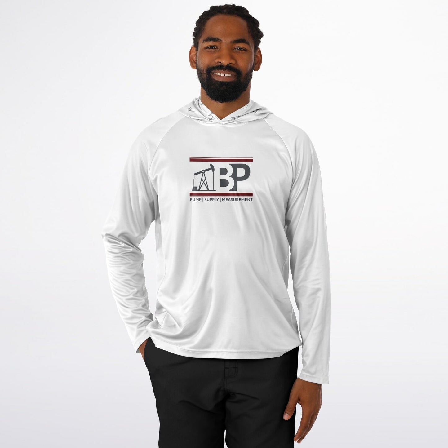 Men's Long Sleeve Hooded Performance Shirt - White w/ BP Logo